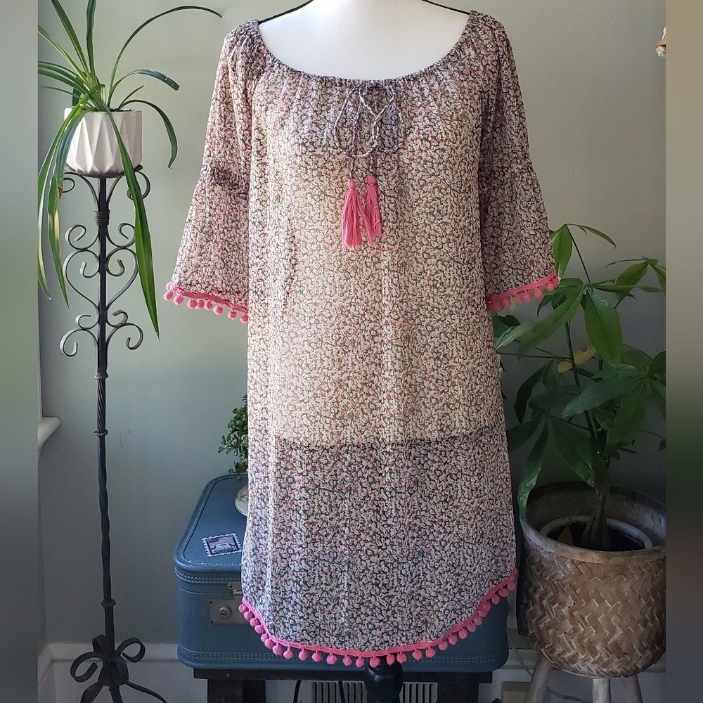 America & Beyond Floral Print Sheer Short Sleeve Shift Dress Size M